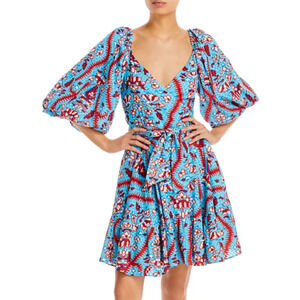 Rhode Darya Embroidered Wrap Dress Size Medium 100% Cotton Puff Sleeve Boho